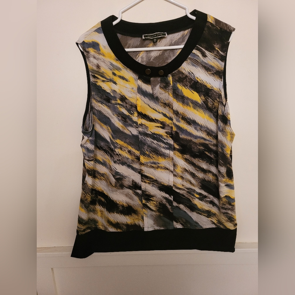 Melanie Lyn yellow and black abstract  sleeveless top. XL